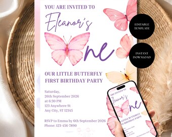 Butterfly First Birthday Invitation, Editable Girl Birthday Invite, Printable Pink Party Template, Canva Download