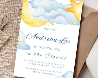 Cloud First Birthday Invitation, Canva Template, Printable Editable, Moon Stars For Baby Boy