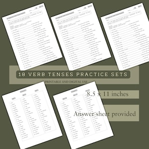 18 Verb Tenses English Worksheets A1 Beginner | Printable & Digital PDF Grammar Practice for Language Learners | Instant Download | 8.5x11&quot;