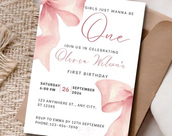 Pink Bow Birthday Invitation, Girls Just Wanna Be One Invite, Coquette 1st Birthday, Editable Canva Template, Printable