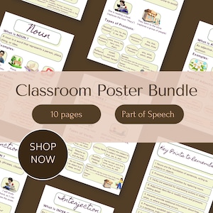 English Grammar Sheets | Parts of Speech Poster Bundle | English Grammar Classroom Decor | 10 Pages, 2 Sizes | ELA/ESL Teaching Resources
