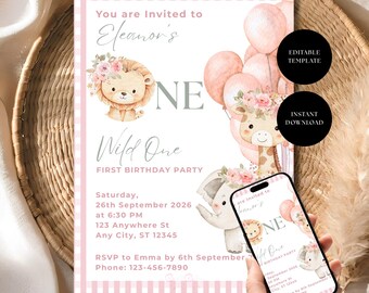 Wild One Birthday Invitation, Safari First Birthday Invite, Jungle Animals Party Template, Canva Download