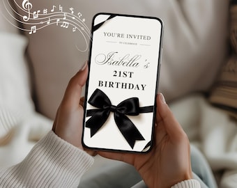 Animated Black Bow Birthday Invitation, Minimalist 21st Birthday Video Invite, Elegant Adult Digital Invitation, Canva Template