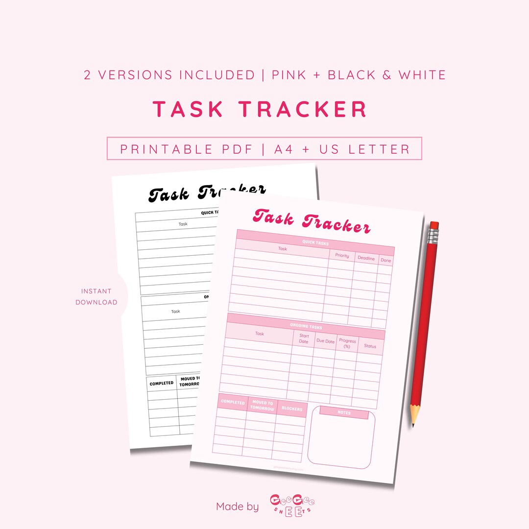 Pink Task Racker Minimalist Task Tracker Printable | Pink & Black, A4 US Letter (PDF ...