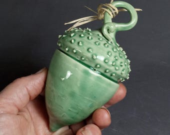 Handmade Green Pottery Acorn Ornament: Stoneware Clay Decor