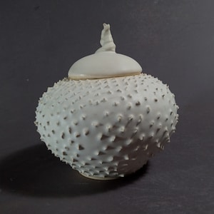 May include: White ceramic jar with a textured, spiky surface and a lid with a small knob on top.