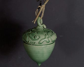 Pottery acorn, green, acorn ornament, one of a kind, hand thrown