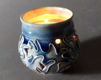 Blue votive candleholder, handmade, pottery candleholder