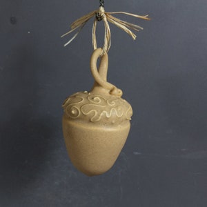 Handmade Tan Pottery Acorn Ornament: Stoneware Clay Decor