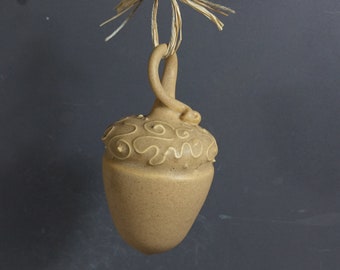 Handmade Tan Pottery Acorn Ornament: Stoneware Clay Decor