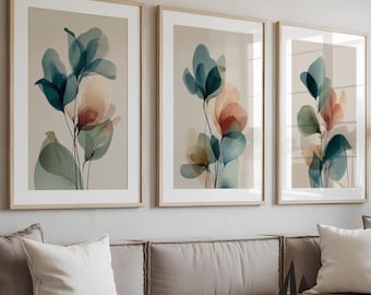 Botanical Wall Art Set of 3, Teal Dusty Rose Abstract Floral Poster Set, Minimalist Japandi Watercolour Botanical Living Room Bedroom Decor