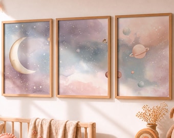 Moon and Planets Nursery Wall Art, Pastel Galaxy Watercolor Triptych Set of 3 Unframed Prints, Dreamy Celestial Space Nursery Bedroom Decor
