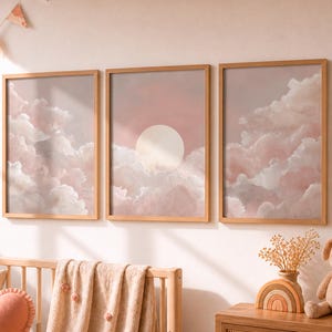 Blush Cloud Nursery Wall Art, Pink Sky Set of 3 Unframed Prints, Dreamy Pastel Sun and Clouds Triptych for Baby Girl Bedroom Decor Poster