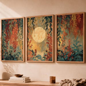 Ensemble de 3 tableaux floraux bohèmes sur le thème de la lune, affiches texturées couleur terre cuite et turquoise, décoration murale céleste bohème pour salon et chambre.