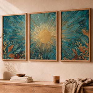 Ensemble de 3 oeuvres d'art mural soleil céleste bohème, ensemble d'affiches soleil sarcelle foncé or, décoration murale bohème audacieuse et dramatique au-dessus du canapé du salon