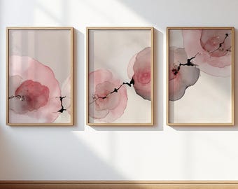 Blush Pink Abstract Wall Art Set of 3, Soft Feminine Fluid Ink Poster Set, Rose Pink Neutral Contemporary Art for Bedroom Living Room Decor