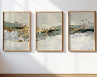 Gold Teal Abstract Wall Art Set of 3, Luxury Textured Gold Brushstroke Poster Set, Neutral Modern Art for Living Room Bedroom Office Decor
