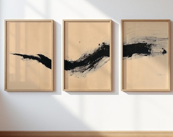Japandi Black Brushstroke Wall Art Set of 3, Abstract Neutral Ink Poster Set, Minimalist Warm Beige Art Living Room Bedroom Office Decor