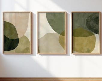 Sage Green Abstract Wall Art Set of 3, Olive Ochre Organic Circle Poster Set, Neutral Boho Earth Tone Living Room Bedroom and Office Decor