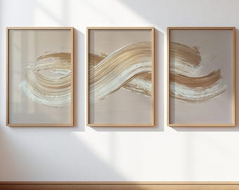 Gold White Abstract Wall Art Set of 3, Beige Champagne Brushstroke Poster Set, Luxury Neutral Modern Art Living Room Bedroom Office Decor