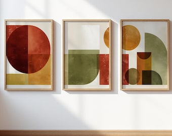 Sage Green Terracotta Abstract Wall Art Set of 3, Mustard Mid Century Geometric Poster Set, Bauhaus Color Block Living Room Bedroom Decor