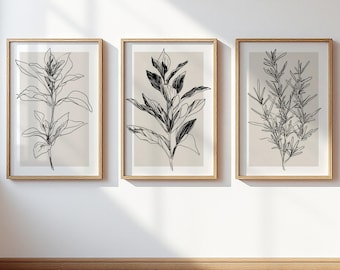 Botanical Line Art Wall Art Set of 3, Beige Neutral Black Leaf Poster Set, Minimalist Scandinavian Japandi Plant Living Room Bedroom Decor