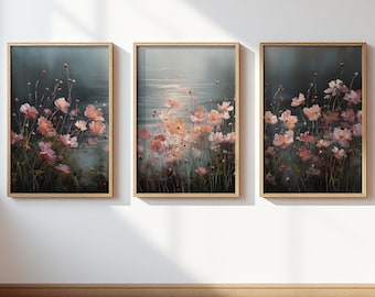 Floral Wall Art Set of 3, Pink Blush Wildflower Coastal Moody Oil Painting Poster Set, Romantic Dark Cottagecore Living Room Bedroom Decor