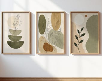 Sage Green Abstract Wall Art Set of 3, Boho Earthy Organic Shape Poster Set, Japandi Wabi Sabi Neutral Botanical Living Room Bedroom Decor