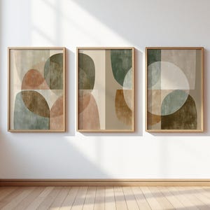 Set di 3 quadri astratti geometrici di metà secolo, trittico in terracotta verde, stampe neutre color oliva, set di poster minimalisti per soggiorno e camera da letto.