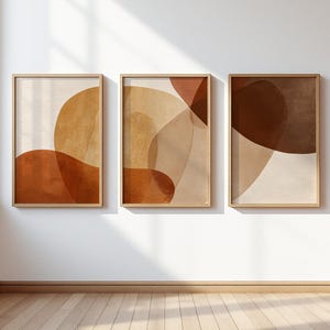 Terrakotta beige abstrakte Wandkunst 3er-Set, neutrale Boho Triptychon Drucke, warme überlappende Formen Wandkunst für Wohnzimmer Schlafzimmer Dekor