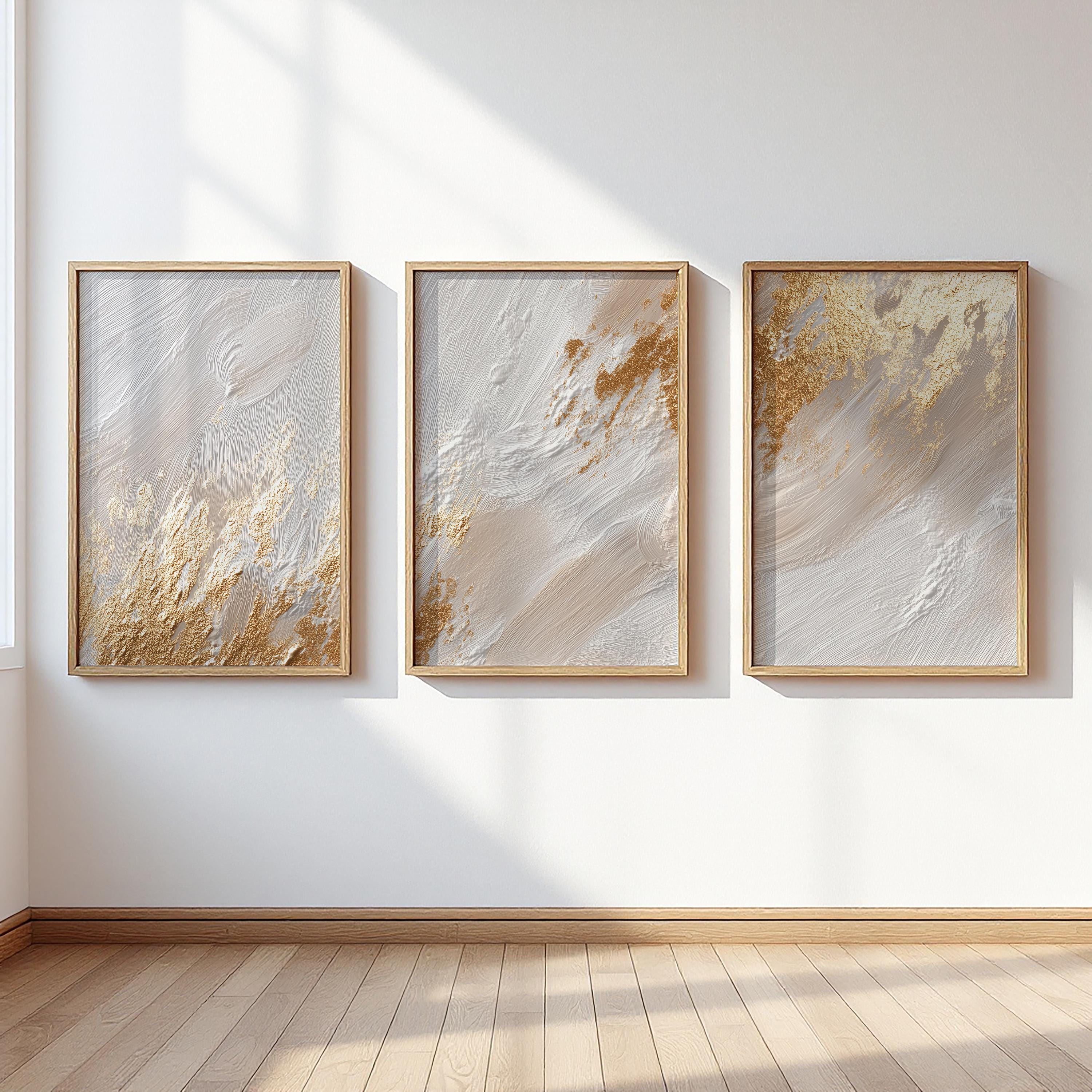 Gold and White Textured Abstract Wall Art Set of 3, Luxury Neutral