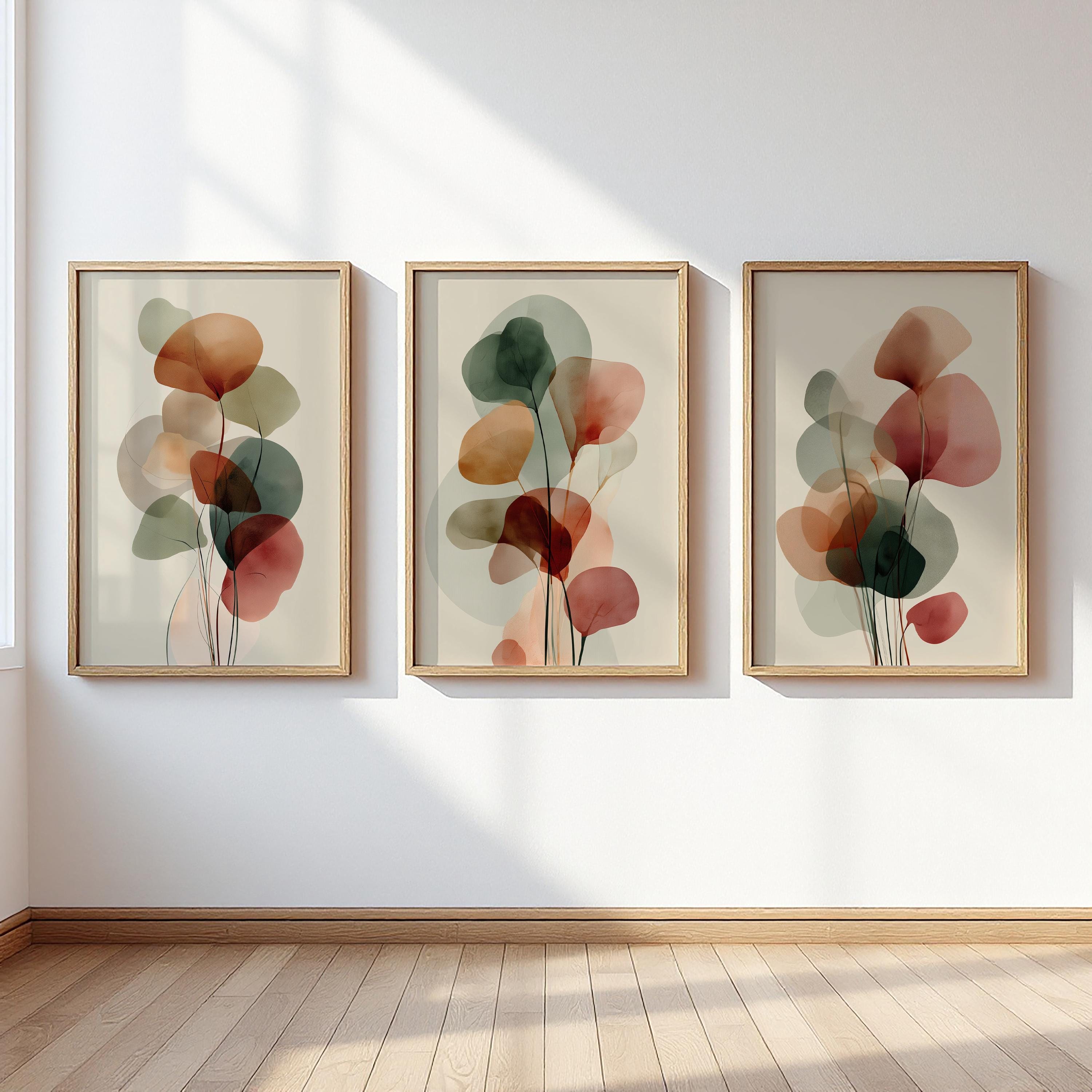 Boho Botanical Wall Art Set of 3, Terracotta Sage Green Abstract Leaf ...