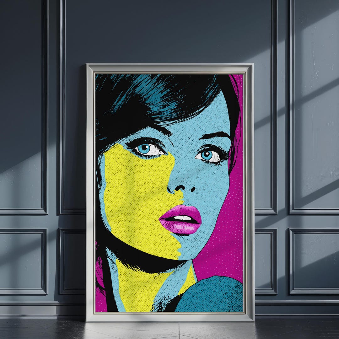 Pop Art Colorblock Woman Portrait Print, Blue Yellow Comic Poster ...