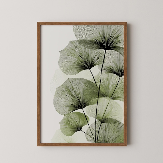 Sage Green Fan Leaf Japandi Wall Art, Botanical Line Art Poster, Wabi Sabi Decor, Organic Minimalist Print for Living Room Home Office