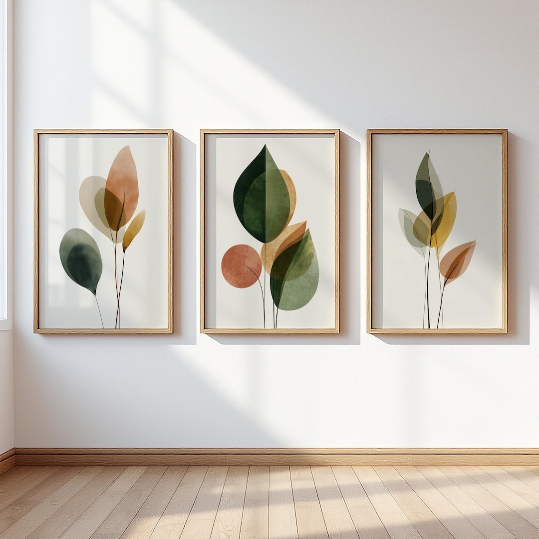 Boho Botanical Wall Art Set of 3, Abstract Green Leaf Triptych Prints ...