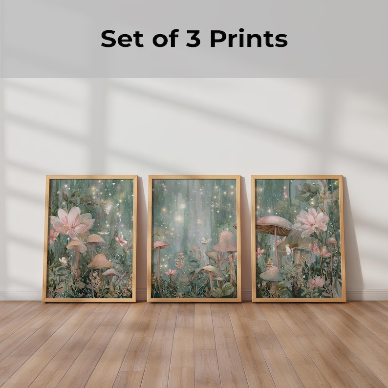 Enchanted Forest Mushroom Nursery Wall Art, Sage Pink Set of 3 Unframed ...