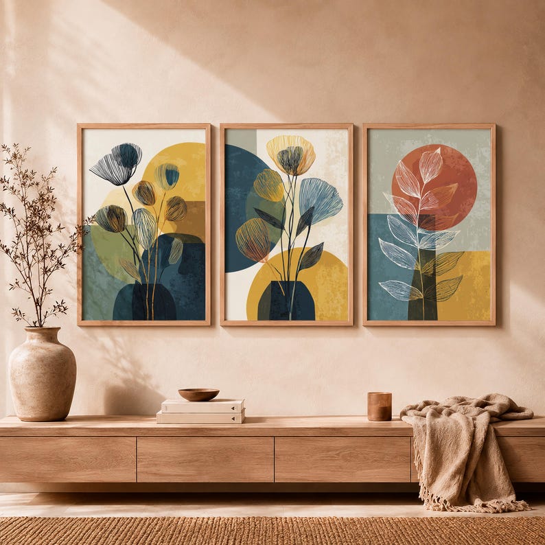 Boho Mid Century Flower Wall Art Set of 3, Navy Mustard Terracotta - Etsy