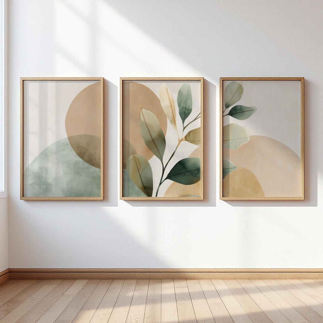 Botanical Leaf Triptych Wall Art Set of 3, Sage Green Beige Abstract ...
