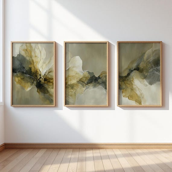 Abstract Floral Triptych Wall Art Set of 3, Olive Gold Ink Wash Botanical Poster Set, Moody Contemporary Neutral Living Room Decor Gift Idea