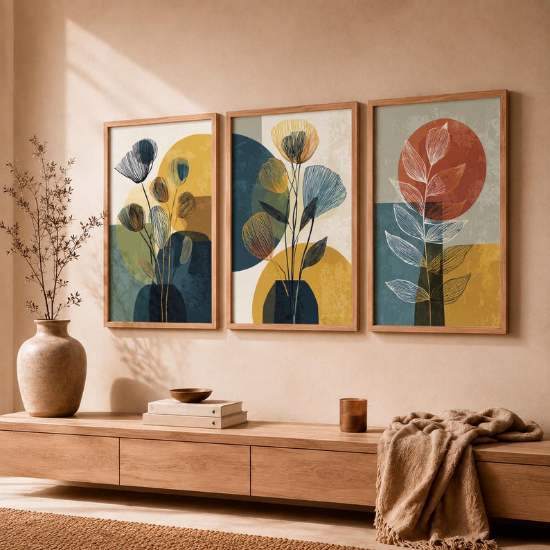 Boho Mid Century Flower Wall Art Set of 3, Navy Mustard Terracotta - Etsy