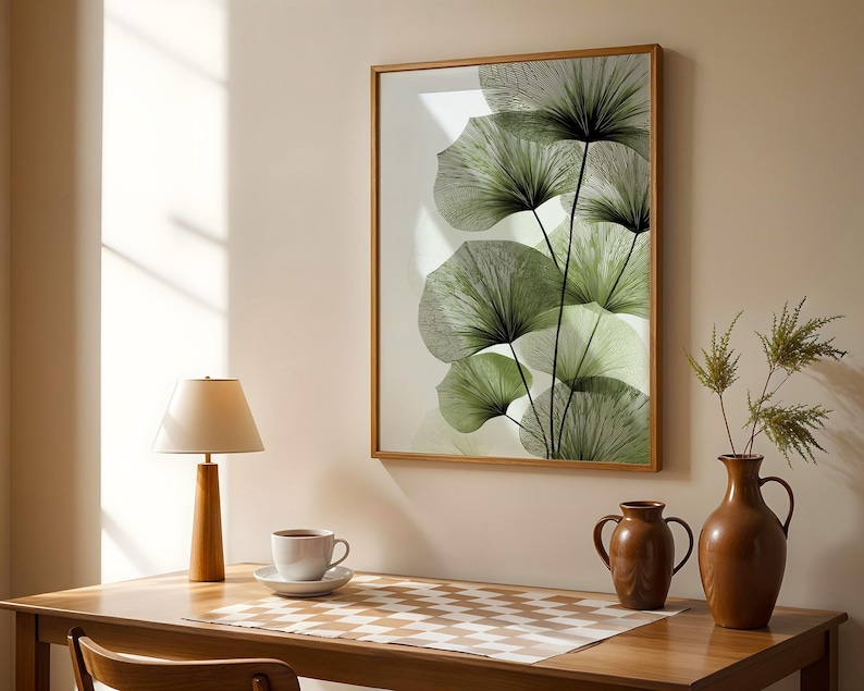May include: A framed botanical print featuring stylized green leaves with black stems. The artwork is displayed on a beige wall above a wooden desk with a lamp, coffee cup, and decorative vases. The room is bathed in natural light.