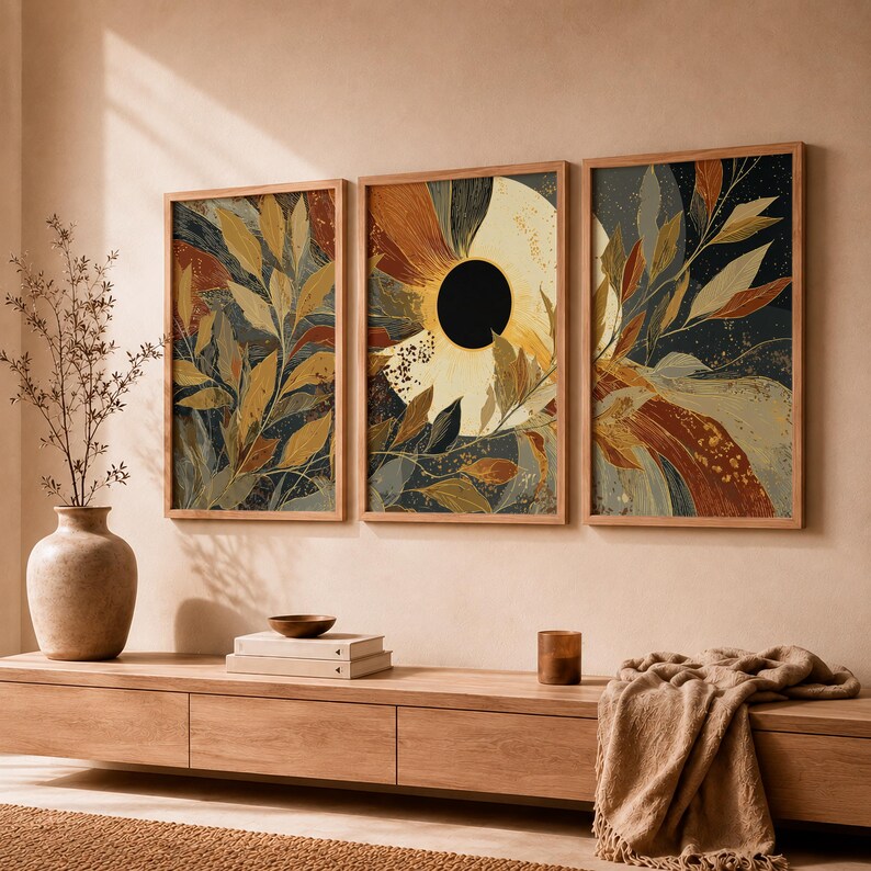 Boho Celestial Eclipse Wall Art Set of 3, Gold Rust Botanical Leaf - Etsy