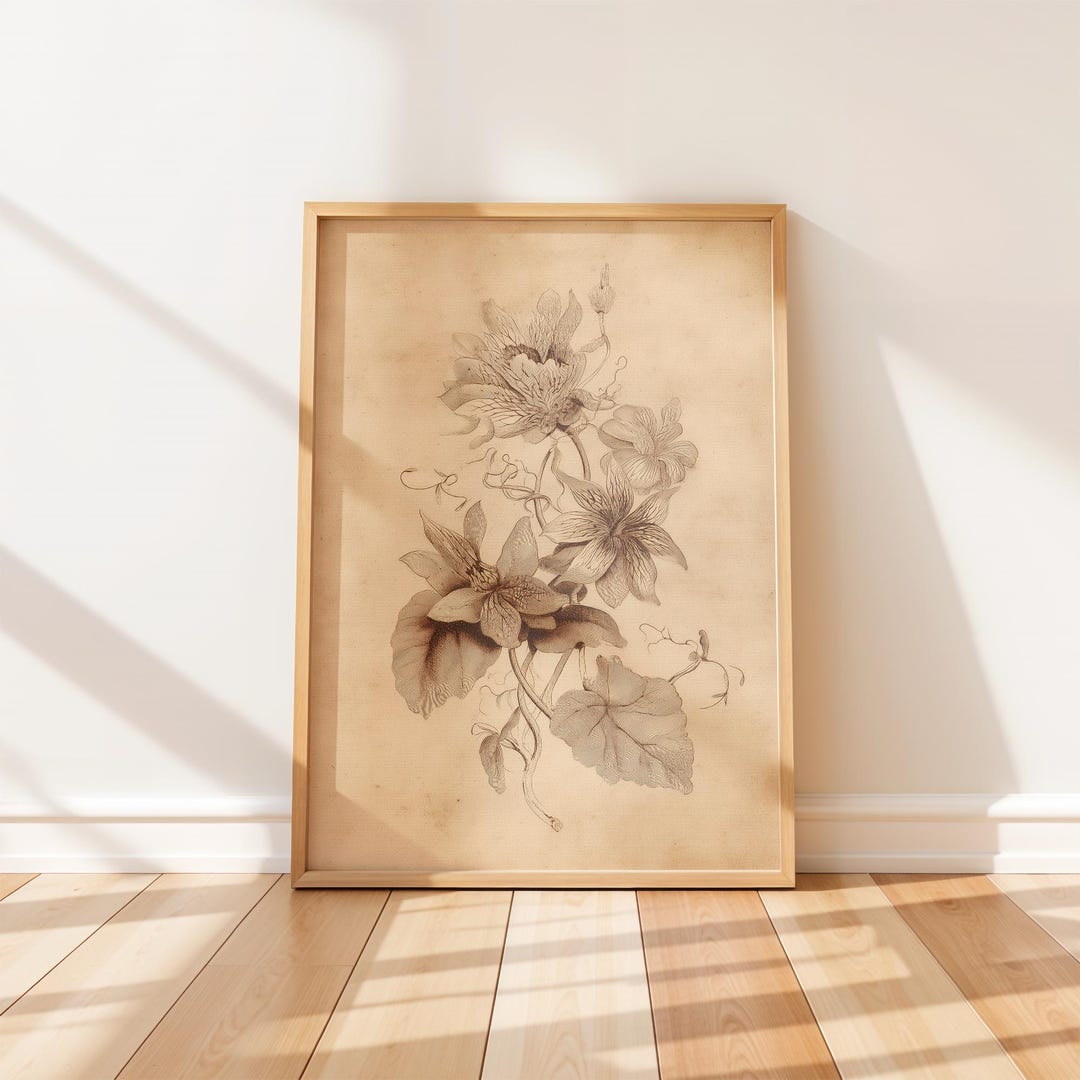Vintage Botanical Flower Art Print, Antique Sepia Floral Illustration ...