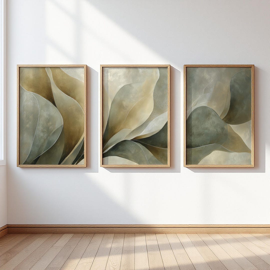Botanical Leaf Triptych Wall Art Set, Sage Green Beige Neutral Prints ...
