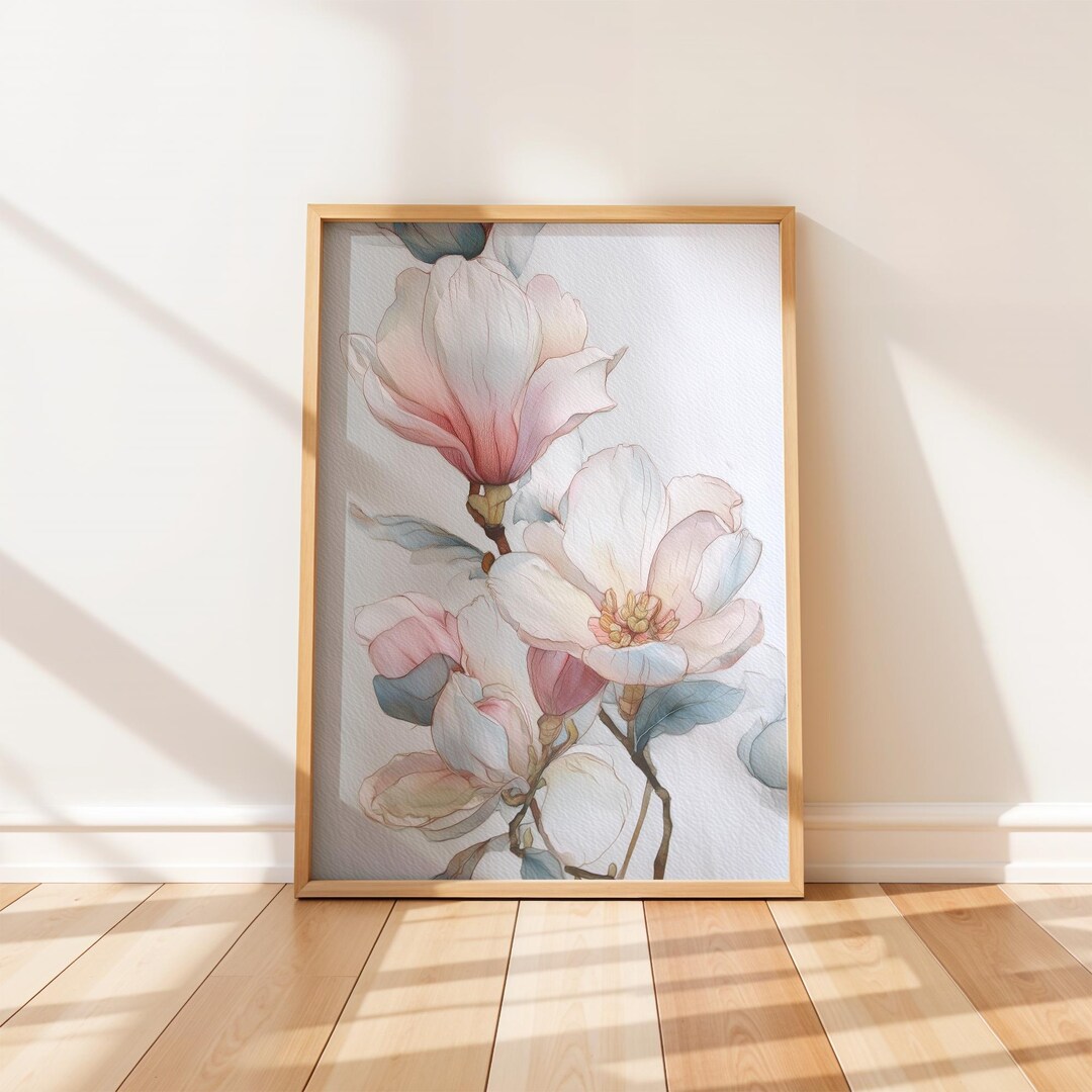 Pink Magnolia Poster, Watercolor Floral Wall Art Print, Soft Botanical ...
