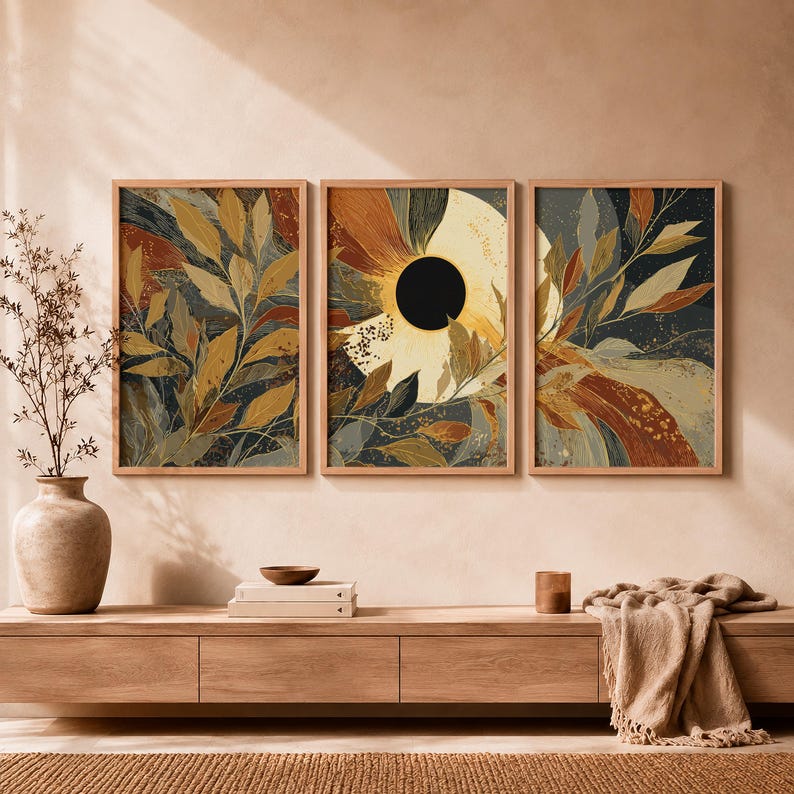Boho Celestial Eclipse Wall Art Set of 3, Gold Rust Botanical Leaf - Etsy