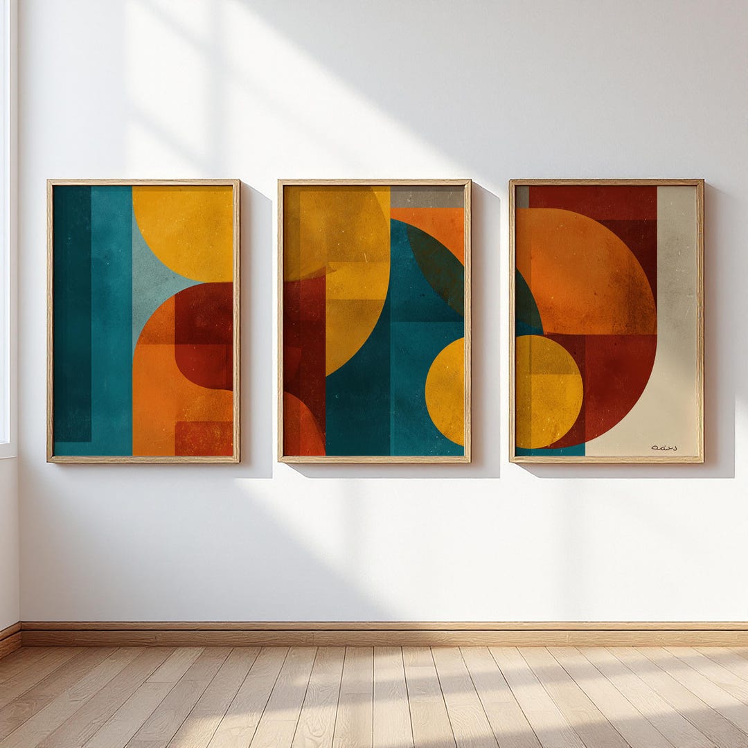 Mid Century Geometric Wall Art Set of 3, Bauhaus Abstract Triptych ...