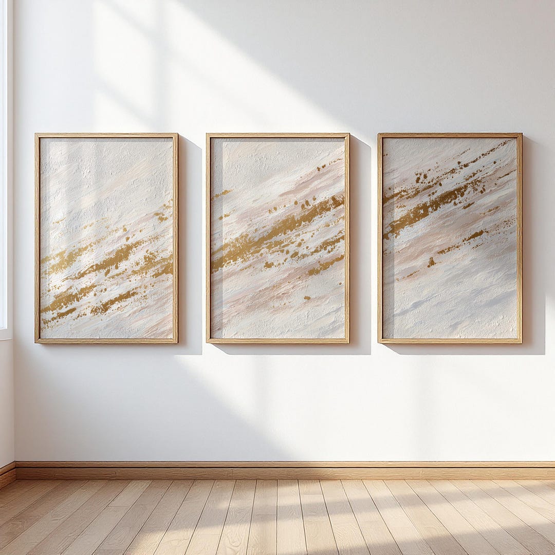 Textured Abstract Wall Art Set of Three, White Beige Gold Triptych ...