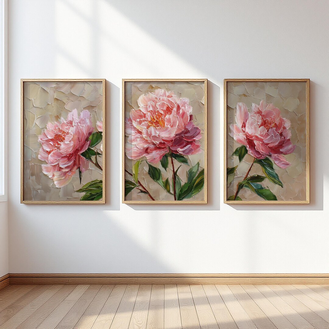 Pink Peony Triptych Wall Art, Blush Floral Print Set of Three, Textured ...
