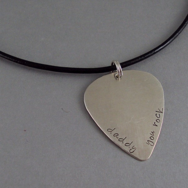 Hand Stamped Guitar Pick  Necklace - Silver